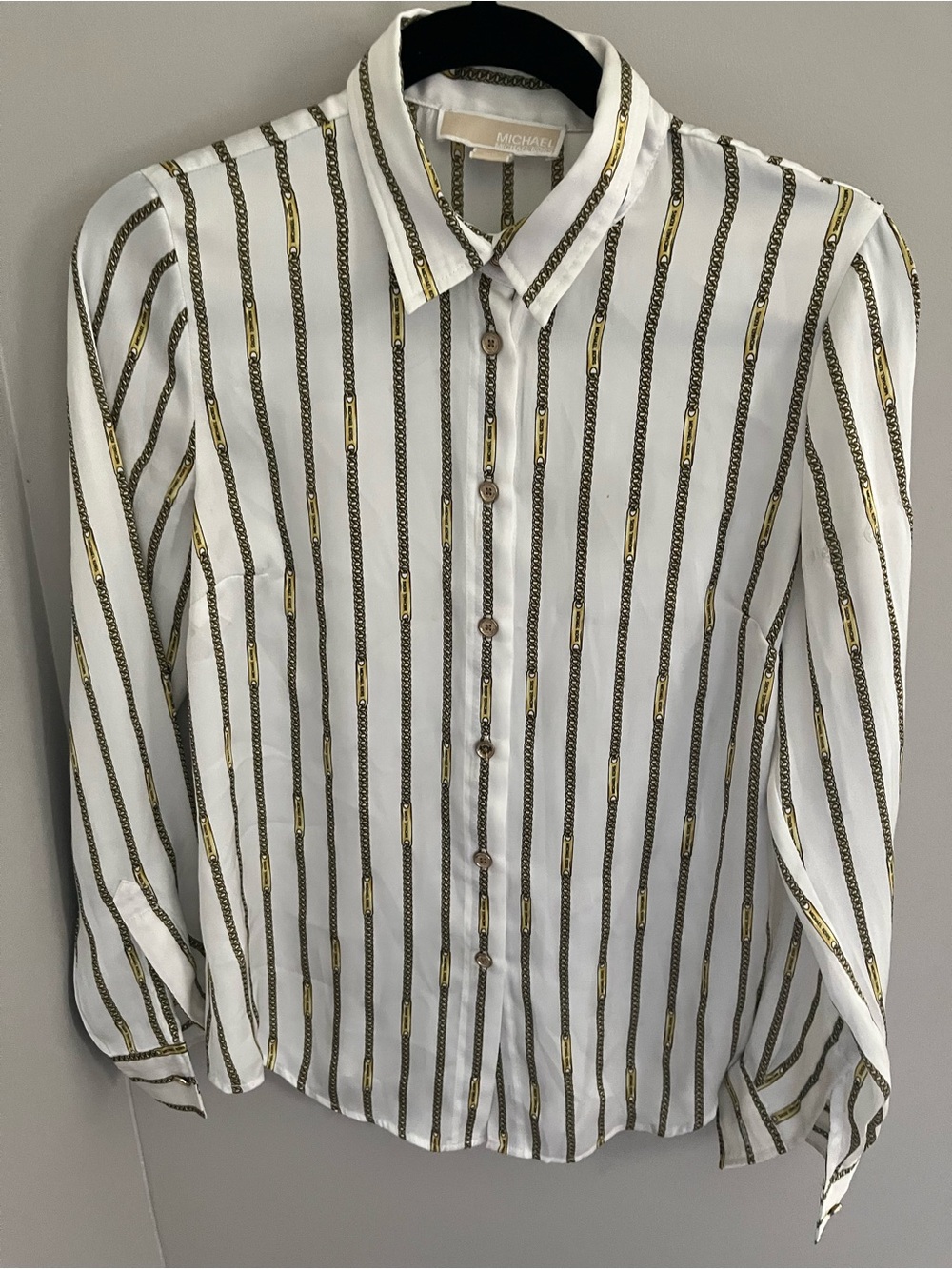 Michael Kors White & Gold Striped Button-Up Shirt small
